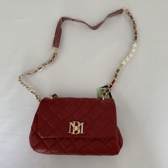 NWT Badgley Mischka Crossbody Bag Red Diamond Quilted Pearls Vegan Leather Glam - Picture 2 of 13